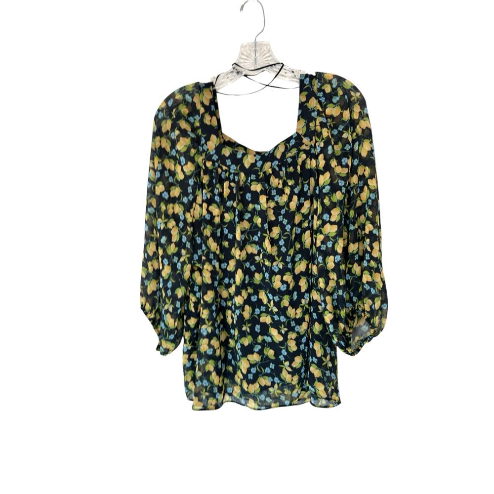 LC Lauren‎ Conrad Blue Yellow Square Neck Lemon Print Peasant Blouse Large